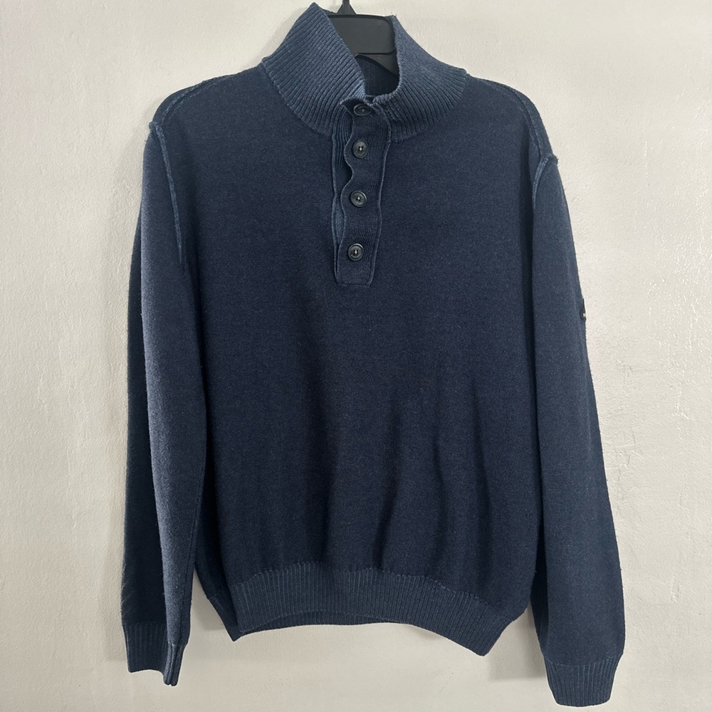 NAVIGARE Mens Button Mock Neck Sweater Italian Wool Sweater Navy Blue Large Soft